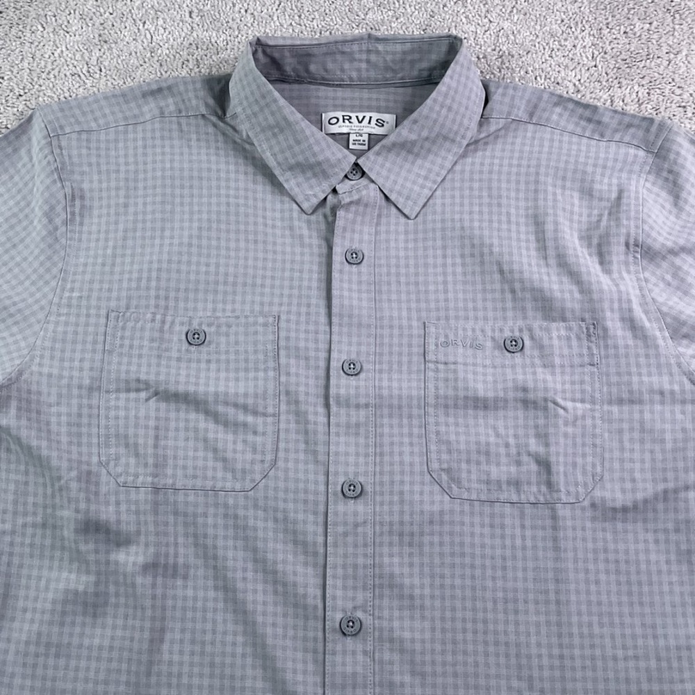 Orvis Shirt Mens Large Grey UPF Quick Dry Performance Short Sleeve Button Up